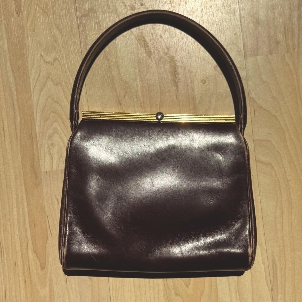 VTG 50s Bonwit Teller Handbag Frame Brown Calfskin Leather Gold Jewel Formal